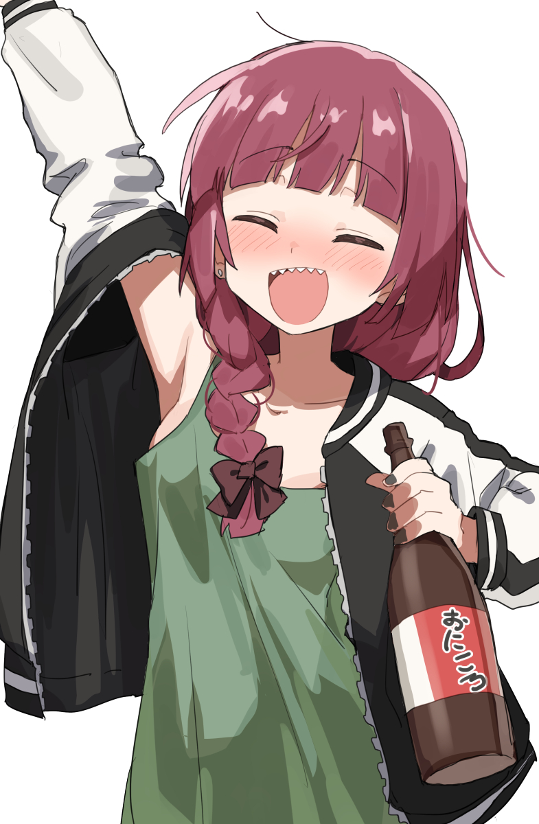 1girl :d ^_^ bocchi_the_rock! bottle braid braided_ponytail closed_eyes dress gazacy_(dai) green_dress highres hiroi_kikuri holding holding_bottle jacket long_hair open_clothes open_jacket open_mouth red_hair sharp_teeth smile solo teeth white_background
