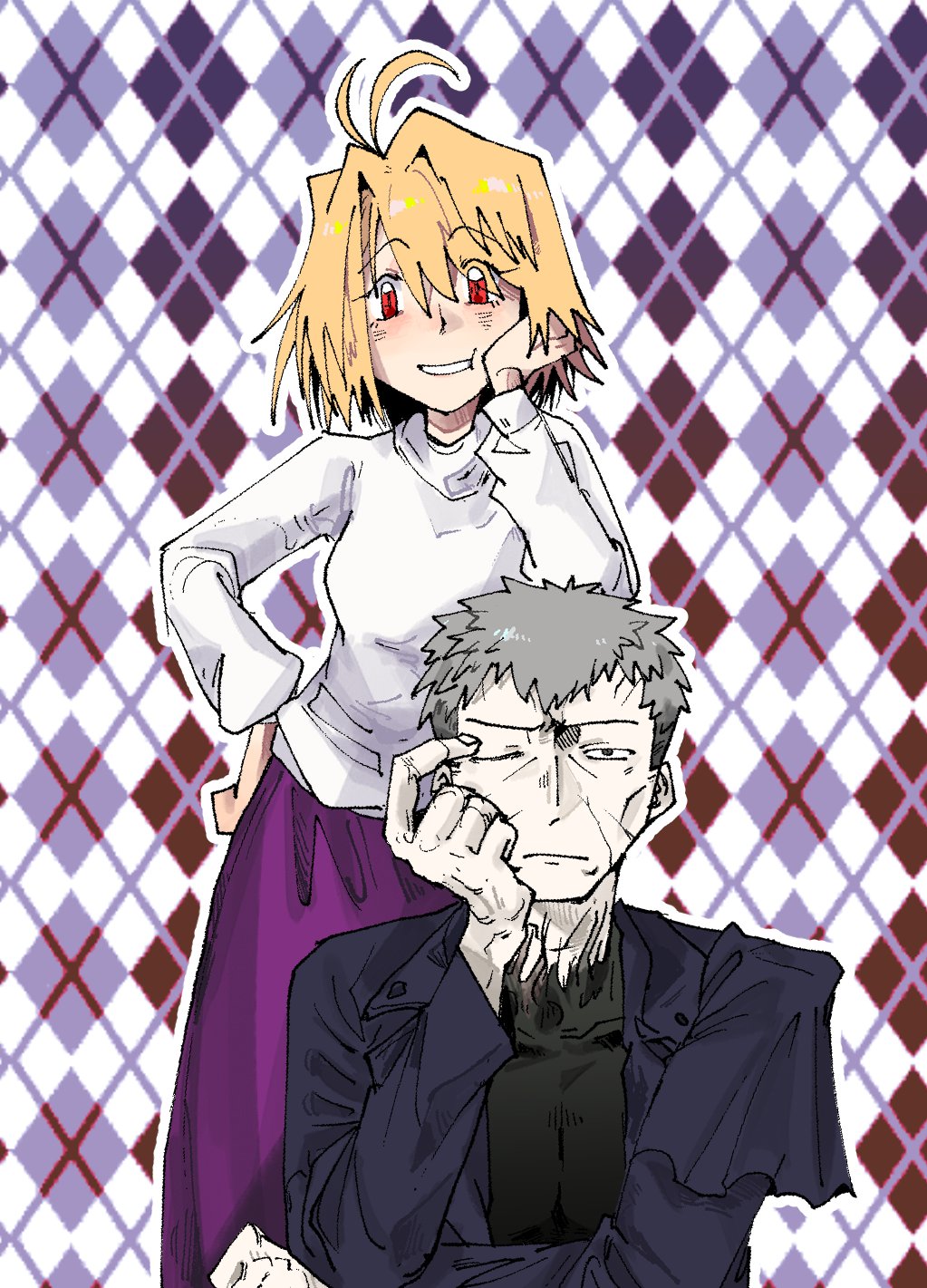 1boy 1girl ahoge arcueid_brunestud black_coat blonde_hair blush breasts closed_mouth coat grey_hair hand_on_own_cheek hand_on_own_face hand_on_own_hip highres nrvnqsr_chaos one_eye_closed open_clothes open_coat pectorals red_eyes short_hair smile sweater tsukihime turtleneck turtleneck_sweater type-moon white_sweater xiqueyeye1