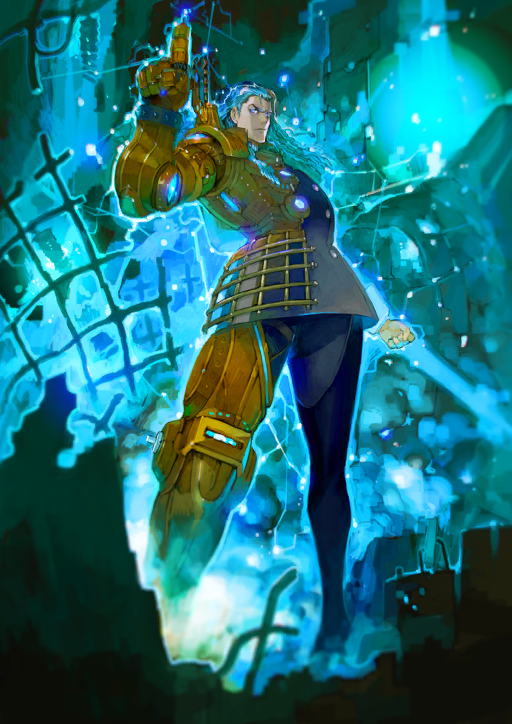 1boy aqua_background aqua_eyes aqua_hair arm_at_side buttons chaps clenched_hand closed_mouth cowlick double-breasted electricity fate/grand_order fate_(series) full_body gloves glowing gradient_clothes gradient_jacket grey_jacket grey_pants hair_slicked_back hand_up jacket leaning_back legs_apart lightning long_hair long_sleeves looking_to_the_side male_focus mechanical_arms mechanical_legs namaniku_atk nikola_tesla_(fate) o-ring official_art pants pointing pointing_up purple_jacket purple_pants science_fiction single_mechanical_arm single_mechanical_leg solo standing third-party_source white_gloves