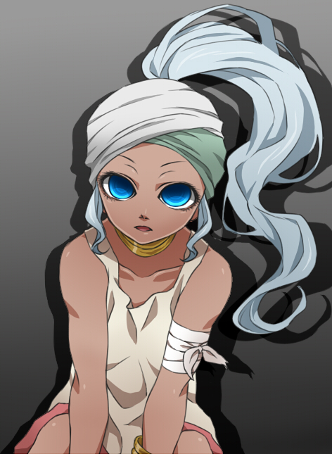 1girl bad_id bad_pixiv_id bandages blue_eyes bracelet choker dark-skinned_female dark_skin el_shaddai female_focus grey_hair high_ponytail jewelry long_hair nagiko_(mangalove1111) nanna_(el_shaddai) ponytail shiori_(1095951) solo