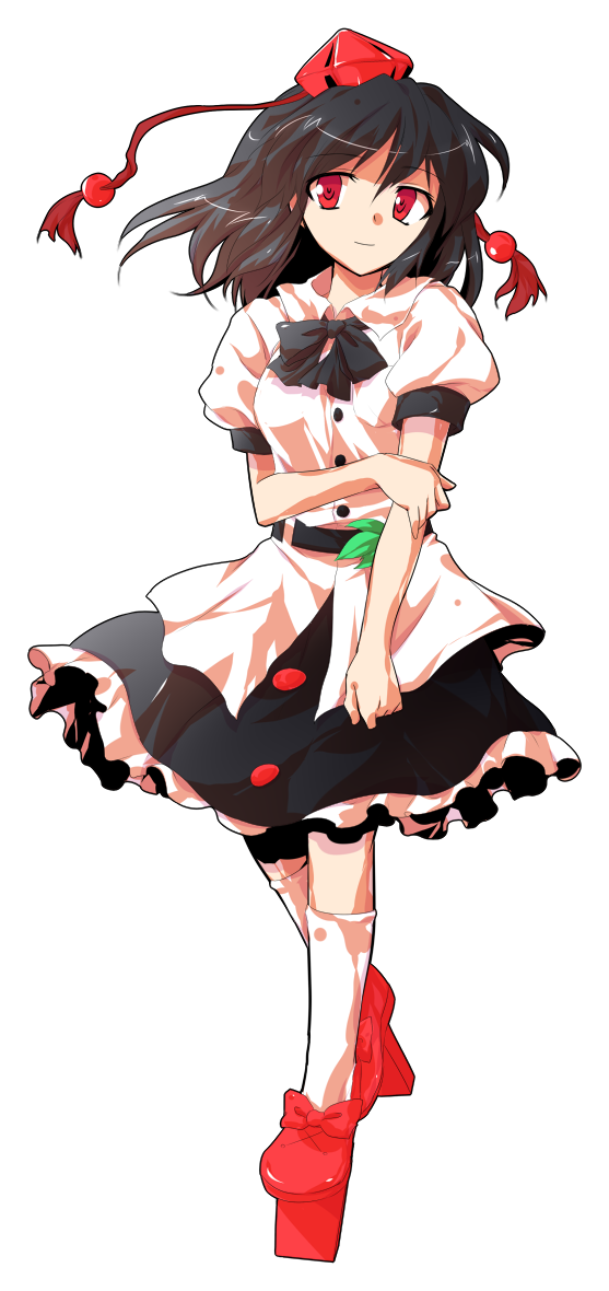 1girl black_bow black_bowtie black_hair black_skirt bow bowtie dairi defeat frilled_skirt frills full_body geta hat miniskirt puffy_short_sleeves puffy_sleeves red_hat red_shoes shameimaru_aya shirt shoes short_sleeves simple_background skirt socks solo tachi-e tengu-geta tokin_hat torn_clothes torn_socks touhou transparent_background white_shirt white_socks