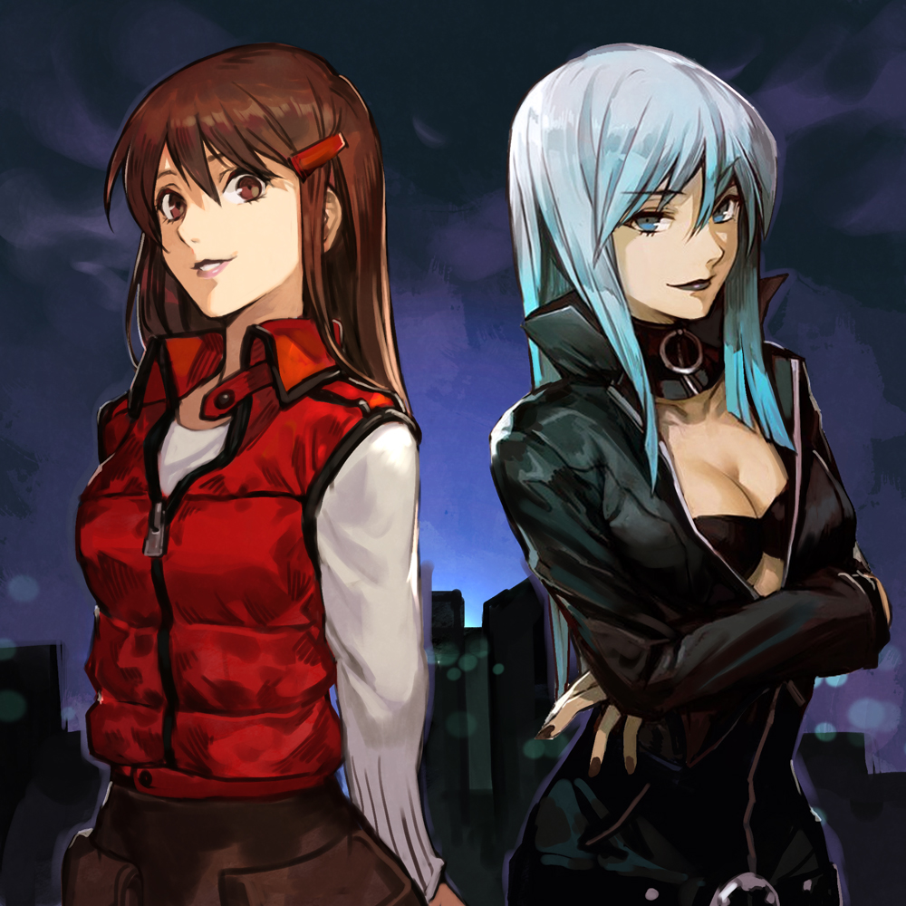 2girls arms_behind_back black_background black_nails blue_eyes blue_hair bodysuit breasts brown_eyes brown_hair center_opening city cleavage collar collarbone crossed_arms devil_summoner:_soul_hackers devil_summoner_(series) hair_ornament hairclip hungry_clicker lipstick long_hair looking_at_viewer makeup megami_tensei moon multiple_girls nail_polish nemissa night night_sky pale_skin shin_megami_tensei short_hair simple_background sky solo tattoo tono_hitomi white_hair zipper
