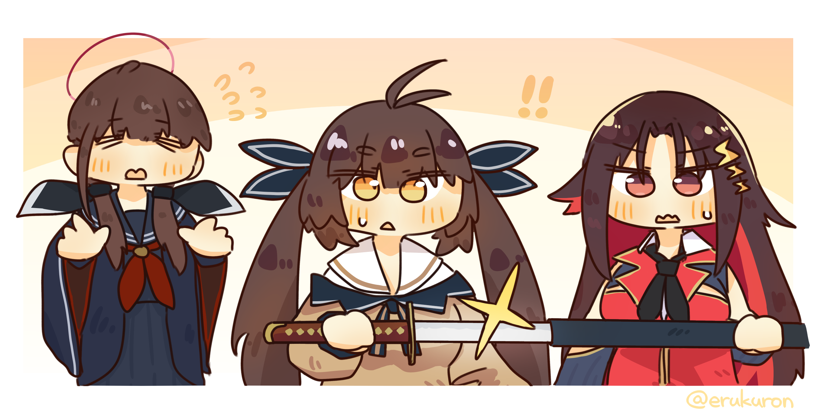 ! !! 3girls antenna_hair black_ribbon blue_serafuku blue_skirt breasts brown_eyes brown_hair brown_jacket closed_eyes commission flying_sweatdrops girls'_frontline halo hands_up highres holding holding_sword holding_weapon jacket lcron long_sleeves looking_at_object m14_(girls'_frontline) m21_(girls'_frontline) medium_breasts multiple_girls off_shoulder ohitome_kohane pixiv_commission project_kv red_halo red_jacket red_ribbon ribbon school_uniform serafuku sheath skirt sleeveless sleeveless_jacket sparkle sweatdrop sword triangle_mouth twintails unsheathing upper_body weapon yellow_eyes