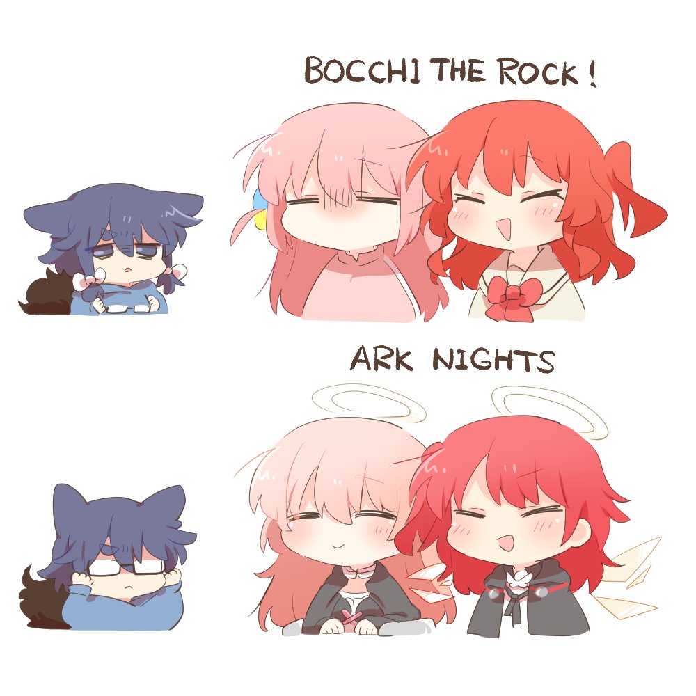 5girls animal_ears arknights blue_hair bocchi_the_rock! character_request check_character closed_eyes color_connection copyright_name exusiai_(arknights) glasses gotoh_hitori hair_color_connection halo kemono-chan_(rebecca) kita_ikuyo lemuen_(arknights) long_hair multiple_girls one_side_up open_mouth original pink_hair rebecca_(keinelove) red_hair smile unworn_eyewear upper_body