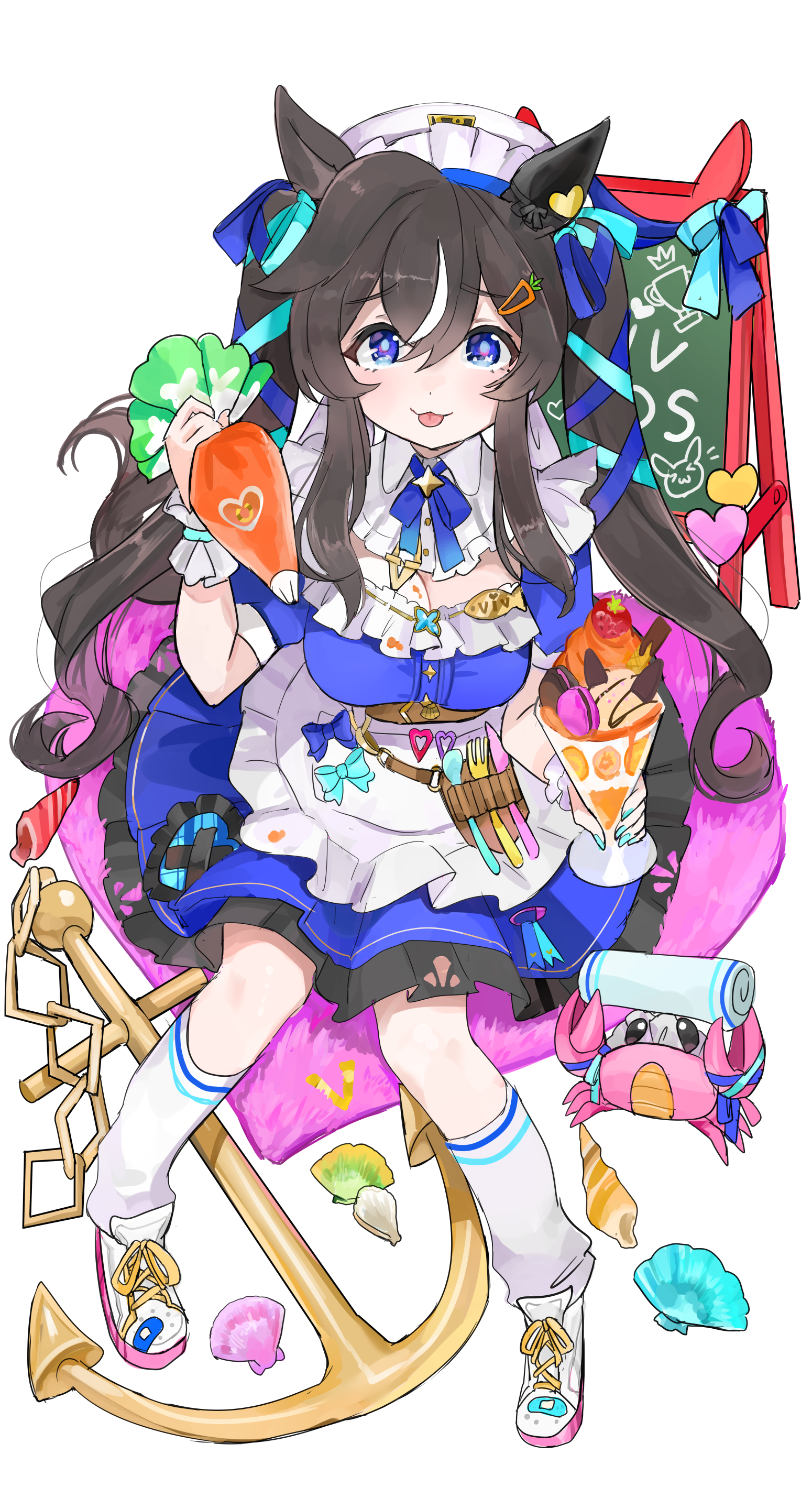 1girl :3 absurdres alternate_costume anchor animal_ears apron belt black_hair blue_dress blue_eyes bow bowtie breasts closed_mouth crab cup detached_collar dress food full_body hair_ornament hair_ribbon hairclip hat highres holding holding_cup holding_pastry_bag horse_ears horse_girl horse_tail ice_cream kik1 long_hair looking_at_viewer maid_headdress menu_board multicolored_hair pastry_bag ribbon seashell shell shoes sitting small_breasts sneakers socks solo streaked_hair sundae tail tongue tongue_out twintails umamusume very_long_hair vivlos_(umamusume) waist_apron white_hat white_socks wrist_cuffs