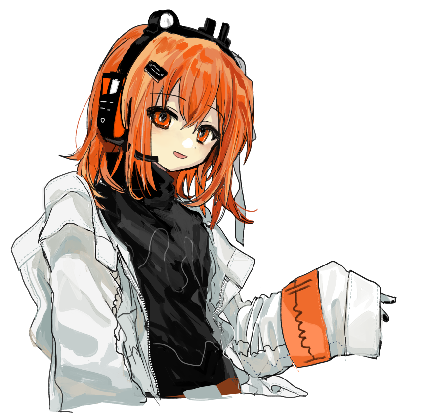 1girl a.i._voice adachi_rei arm_at_side black_shirt cropped_torso hair_ribbon half-closed_eyes hand_up headlamp headset hood hood_down hooded_jacket jacket long_sleeves looking_at_viewer medium_hair open_clothes open_jacket open_mouth orange_eyes orange_hair ribbon sanotsuki_(mochi0101_831) shirt simple_background sleeves_past_wrists smile solo turtleneck turtleneck_shirt upper_body utau v white_background white_jacket white_ribbon
