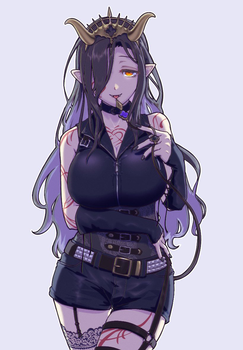 1girl 2tamagosuki belt black_corset black_hair breasts cleavage corset demon_horns demon_tail grin hairband heart horns lace lace-trimmed_legwear lace_trim large_breasts long_hair looking_at_viewer multicolored_hair nijisanji orange_eyes pointy_ears shirayuki_tomoe shirayuki_tomoe_(9th_costume) shorts smile solo spiked_hairband spikes tail tattoo thighhighs virtual_youtuber