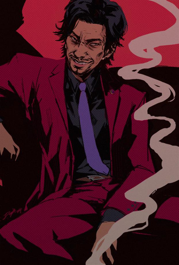 1boy belt black_shirt cigarette collared_shirt denimecho facial_hair formal_clothes grin long_sleeves looking_at_viewer necktie nishitani_homare purple_necktie red_suit ryuu_ga_gotoku_(series) shirt short_hair sitting smile smoke suit