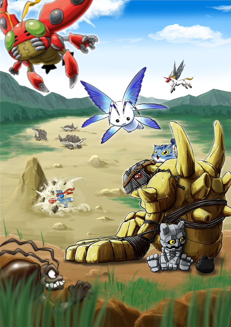 animal_ears bandai blue_sky botamon digimon dinosaur flying gaomon gokimon golem golemon gottsumon grass insect_wings looking_at_another mask monochromon morphomon official_art punching red_eyes rock sky smile tentomon unimon wanyamon wings