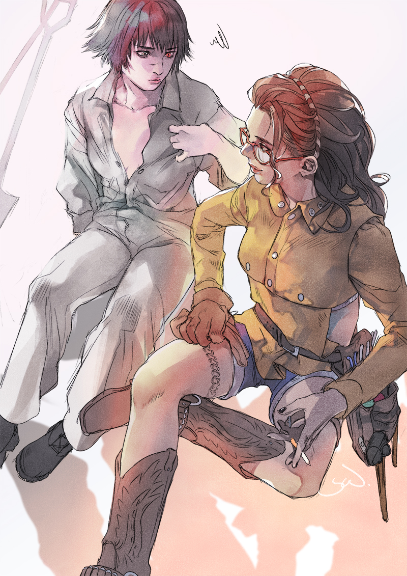 2girls black_hair boots brown_boots brown_gloves cigarette cowboy_boots devil_may_cry_(series) devil_may_cry_5 glasses gloves heterochromia holding holding_cigarette jumpsuit lady_(devil_may_cry) long_hair multiple_girls nico_(devil_may_cry) shorts shovel sitting white_jumpsuit yue_(memento1113)