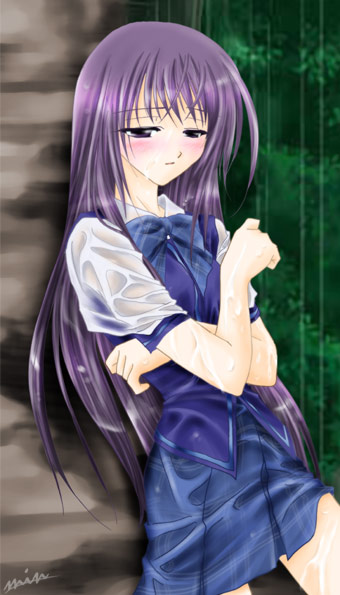 against_tree blush bow ever_17 komachi_tsugumi long_hair min outdoors purple_eyes purple_hair rain school_uniform serafuku signature skirt solo tree wet wet_clothes