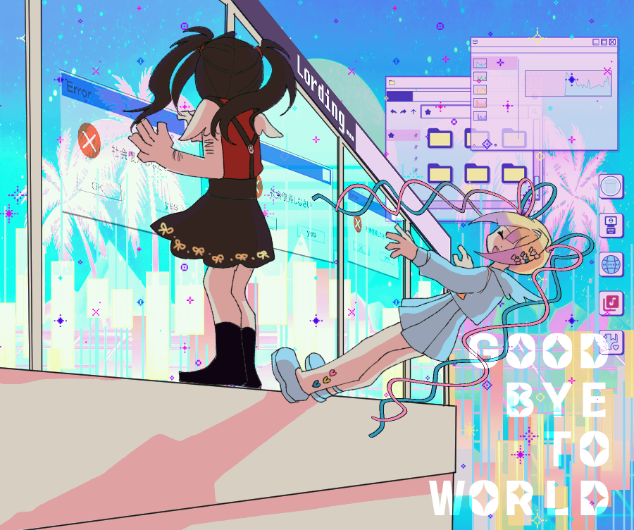 2girls ame-chan_(needy_girl_overdose) black_hair blonde_hair blue_hair blue_serafuku bow chouzetsusaikawa_tenshi-chan cityscape closed_eyes desktop_(computing) distortion dual_persona english_text error_message falling full_body grin hair_bow loading_screen looking_at_another multiple_girls multiple_hair_bows multiple_scars needy_girl_overdose outstretched_arms pink_hair platform_sandals quad_tails red_shirt rooftop sandals scar scar_on_arm school_uniform screen self-harm_scar serafuku shirt short_twintails skirt smile sth_inurmind suspender_skirt suspenders twintails window_(computing)