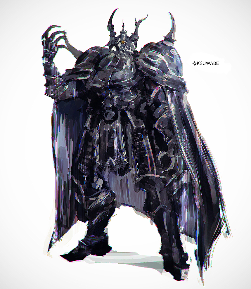 1boy armor black_armor black_cape cape final_fantasy final_fantasy_iv gauntlets glowing glowing_eye golbez helmet k-suwabe male_focus pauldrons shoulder_armor simple_background solo spikes tall twitter_username