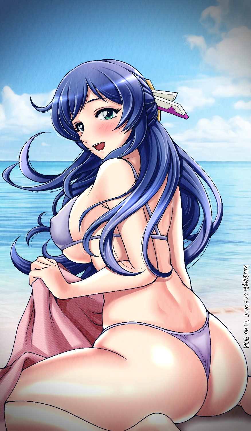 1girl artist_name ass banghwadongjopidi barefoot beach bikini blue_hair blue_sky blush breasts character_name cloud copyright_name covered_erect_nipples dated day dimples_of_venus from_behind green_eyes hair_ornament highres holding holding_towel horizon irene_(master_of_eternity) large_breasts long_hair looking_at_viewer looking_back master_of_eternity medibang_paint_(medium) ocean on_ground open_mouth outdoors purple_bikini sitting sky smile solo string_bikini swimsuit teeth textless_version thick_thighs thighs towel underboob upper_teeth_only wariza