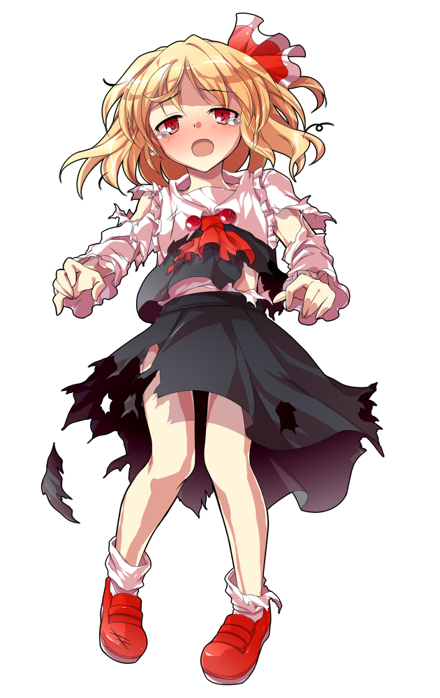 1girl alphes_(style) ascot black_dress black_vest blonde_hair blouse blush collar collared_shirt commentary_request crying crying_with_eyes_open dairi defeat dress fang frilled_collar frilled_sleeves frills full_body hair_ribbon large_variant_set long_sleeves looking_at_viewer mary_janes open_mouth parody red_ascot red_eyes red_ribbon red_shoes ribbon rumia sad shirt shoes socks solo standing style_parody tachi-e tears torn_ascot torn_clothes torn_dress torn_shirt torn_sleeves torn_vest touhou transparent_background two-tone_ribbon variant_set vest white_ribbon white_sleeves white_socks white_trim