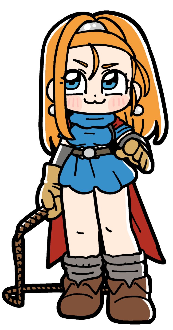 1girl :3 ankle_boots barbara_(dq6) belt bkub blue_dress blue_eyes blush_stickers boots breasts brown_belt brown_boots brown_gloves cape closed_mouth deformed dot_nose dragon_quest dragon_quest_vi dress earrings eyelashes fold-over_boots full_body gloves grey_socks high_ponytail highres holding holding_whip jewelry long_hair looking_up medium_breasts orange_hair ponytail red_cape short_dress simple_background smile socks solo sphere_earrings standing whip white_background wide_ponytail