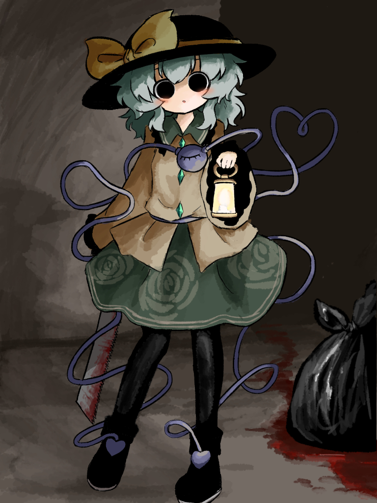 1girl ankle_boots black_boots black_eyes black_hat blood blood_trail blouse blush boots bow buttons commentary_request diamond_button frilled_shirt_collar frilled_sleeves frills full_body green_hair green_skirt hat hat_bow hat_ribbon heart heart_of_string heripantomorrow holding holding_lantern holding_saw komeiji_koishi lantern looking_at_viewer medium_hair open_mouth ribbon saw shirt skirt solo third_eye touhou trash_bag wide_sleeves yellow_bow yellow_ribbon yellow_shirt