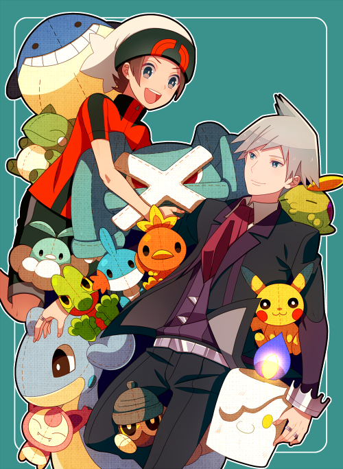 2boys ascot black_jacket black_pants black_shorts blue_background brendan_(pokemon) brown_hair creatures_(company) game_freak gen_1_pokemon gen_3_pokemon gen_5_pokemon grey_hair gulpin hat himari_g_(sr) holding holding_stuffed_toy inset_border jacket lapras litwick male_focus metagross mudkip multiple_boys nintendo pants pikachu pokemon pokemon_oras purple_vest red_ascot red_shirt seedot shirt shorts simple_background skitty steven_stone stuffed_animal stuffed_toy substitute_(pokemon) swablu torchic treecko vest wailmer white_hat white_shirt