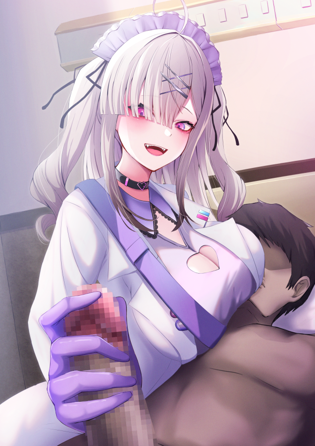 1boy 1girl black_choker blush breasts censored choker clothed_female_nude_male erection faceless faceless_male gloved_handjob gloves grabbing hair_between_eyes hair_ornament handjob hetero large_breasts long_hair lying_on_lap mole mole_under_eye mosaic_censoring nijisanji nude nurse nursing_handjob open_mouth penis sukoya_kana tongue virtual_youtuber x_hair_ornament xwu