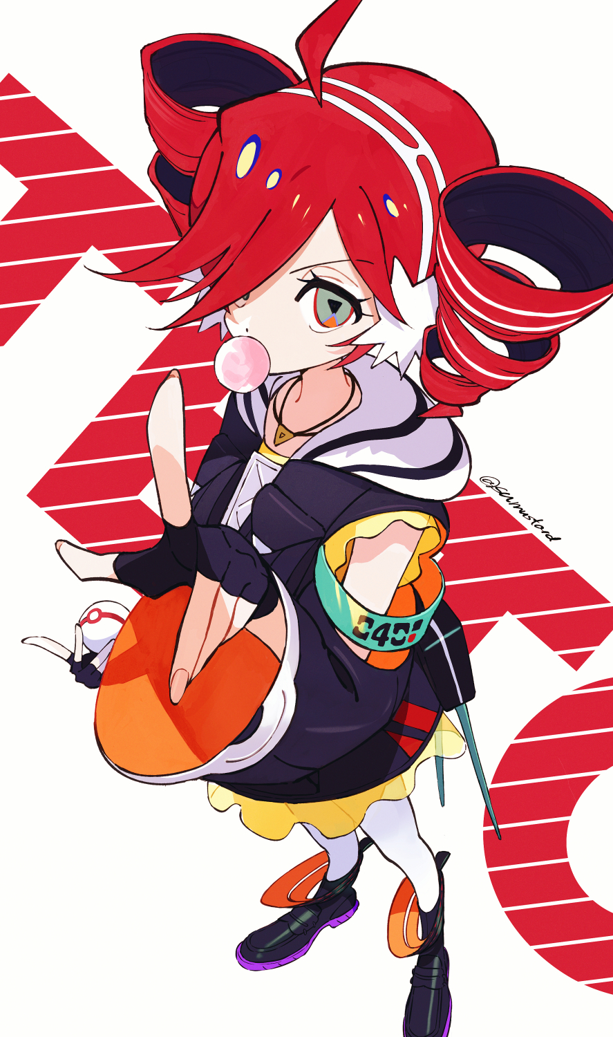 1girl bandeau drill_hair highres holding holding_poke_ball kasane_teto nintendo off-shoulder_bandeau off_shoulder official_alternate_costume poke_ball pokemon premier_ball project_voltage rival_teto_(project_voltage) see-through_clothes see-through_skirt skirt solo sumustard symbol-shaped_pupils triangle-shaped_pupils triangle_necklace twin_drills utau vocaloid