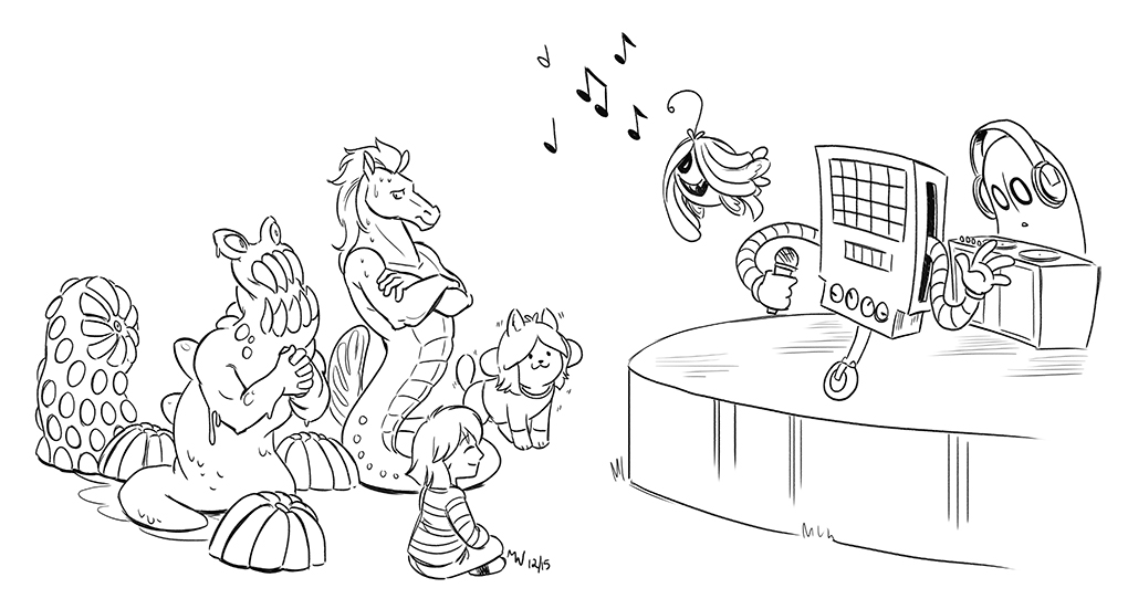 1other 3boys 3girls aaron_(undertale) androgynous beamed_quavers epilogue family frisk_(undertale) good_end greyscale headphones horse lemon_bread lynxgriffin mettaton mettaton_(box) moldbygg moldsmal monochrome monster multiple_boys multiple_girls music musical_note napstablook phonograph quaver sharp_teeth shyren siblings signature simple_background singing sisters slime_(substance) spoilers teeth temmie turntable undertale