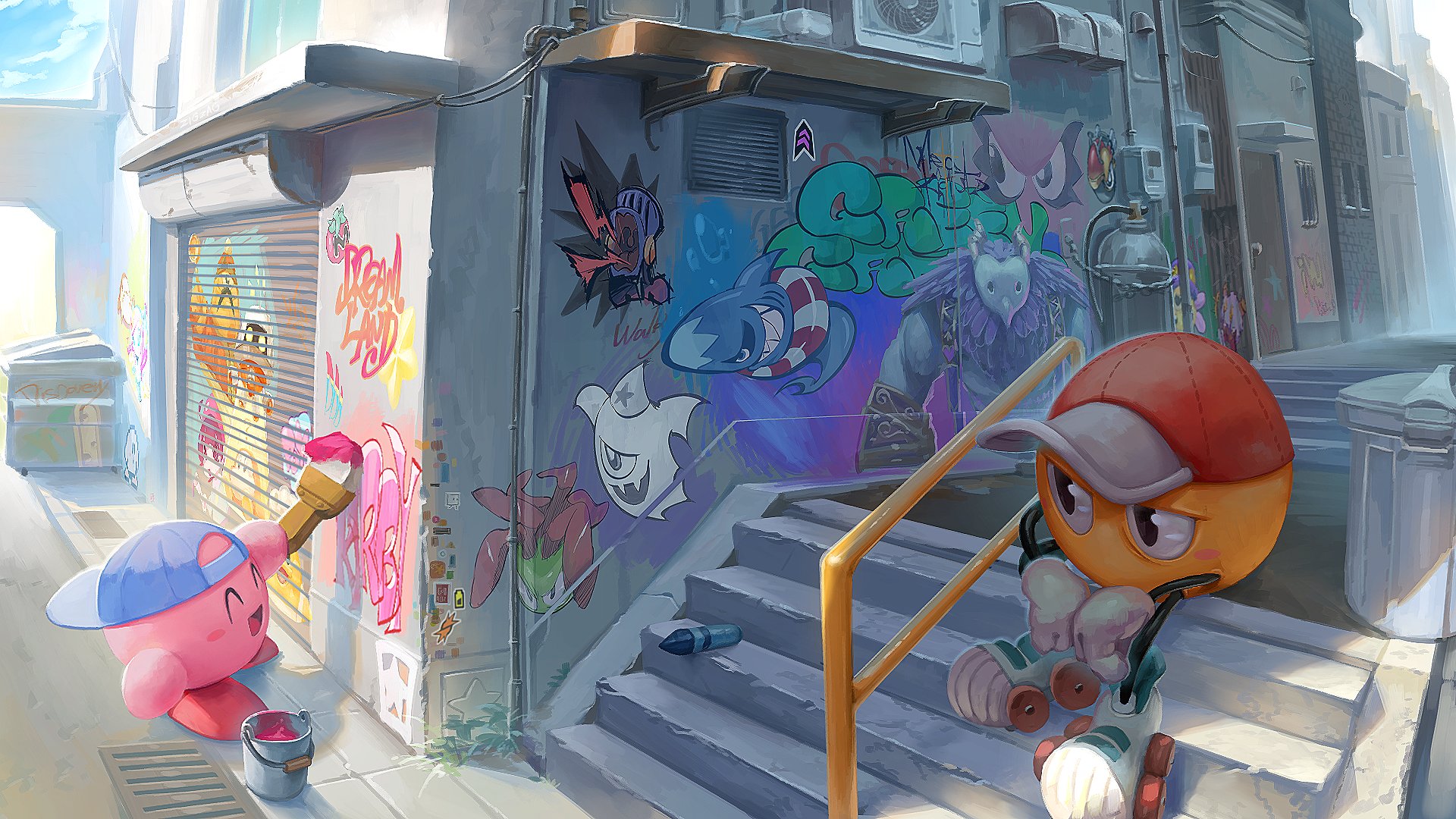 adeleine backwards_hat baseball_cap character_request chef_kawasaki como_(kirby) ghost glunk_(kirby) gobbler_(kirby) graffiti hat highres innertube jigumo_(6zzyag) kirby kirby:_planet_robobot kirby_star_allies kirby_(series) kirby_64 maxim_tomato nintendo paint_roller_(kirby) shark sitting stairs susie_(kirby) sweatdrop swim_ring taranza tedhaun trash_can void_termina waddle_dee walky wheelie_(kirby)