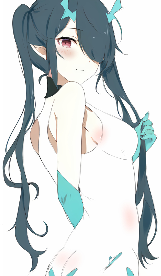1girl aqua_horns arknights bare_shoulders blush breasts closed_mouth colored_extremities commentary_request cowboy_shot dragon_girl dragon_horns dress dusk_(arknights) grey_hair hair_over_one_eye hand_in_own_hair horns long_hair looking_at_viewer medium_breasts one_eye_covered pointy_ears raifu_(rf) red_eyes simple_background sleeveless sleeveless_dress smile solo split_mouth standing turning_head twintails unfinished white_background white_dress