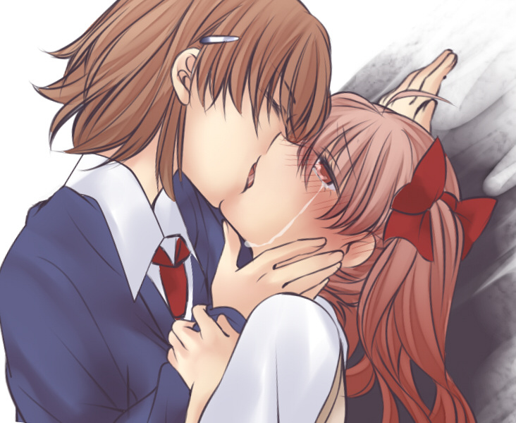 2girls alternate_costume blue_jacket blush brown_hair brown_sweater_vest brown_vest closed_eyes collared_shirt couple crying crying_with_eyes_open french_kiss hair_between_eyes hair_ornament hairclip half-closed_eyes hand_on_another&#039;s_wrist higashizukihi_sei jacket kiss long_hair medium_hair misaka_mikoto multiple_girls necktie red_eyes red_necktie school_uniform shirai_kuroko shirt sweater_vest tears toaru_kagaku_no_railgun toaru_majutsu_no_index tokiwadai_school_uniform twintails upper_body vest white_shirt yuri