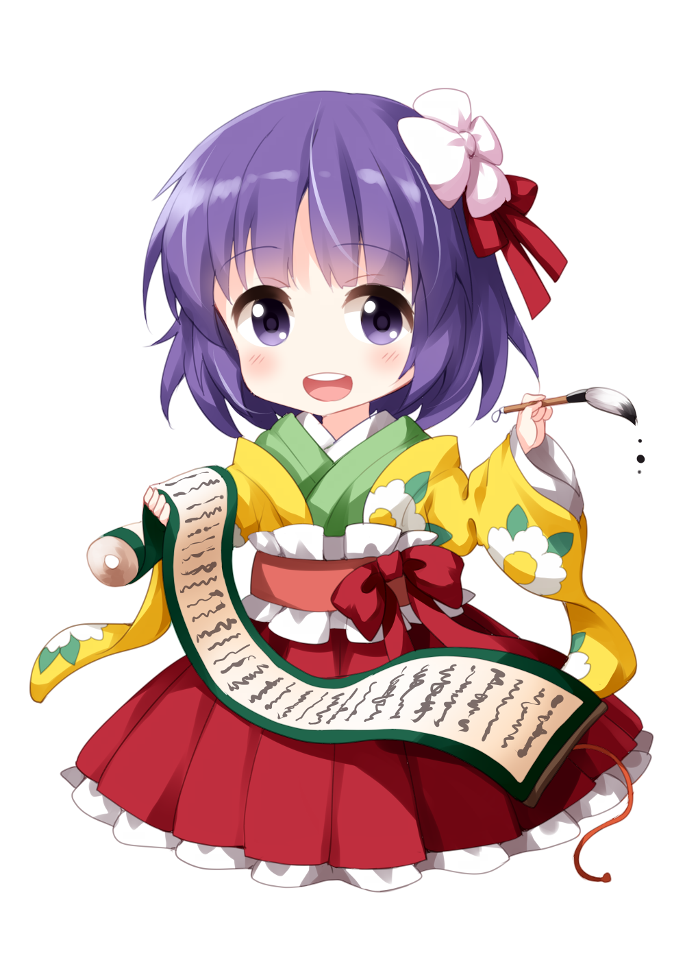 1girl :d blush calligraphy_brush chibi chibi_only commentary_request floral_print floral_print_kimono flower frilled_sash frilled_skirt frills full_body green_kimono hair_flower hair_ornament hair_ribbon hand_up hieda_no_akyuu highres holding holding_calligraphy_brush holding_paintbrush japanese_clothes kimono long_sleeves looking_at_viewer open_mouth paintbrush pleated_skirt print_kimono purple_eyes purple_hair red_ribbon red_sash red_skirt ribbon ruu_(tksymkw) sash scroll short_hair simple_background skirt smile solo standing touhou white_background wide_sleeves yellow_kimono
