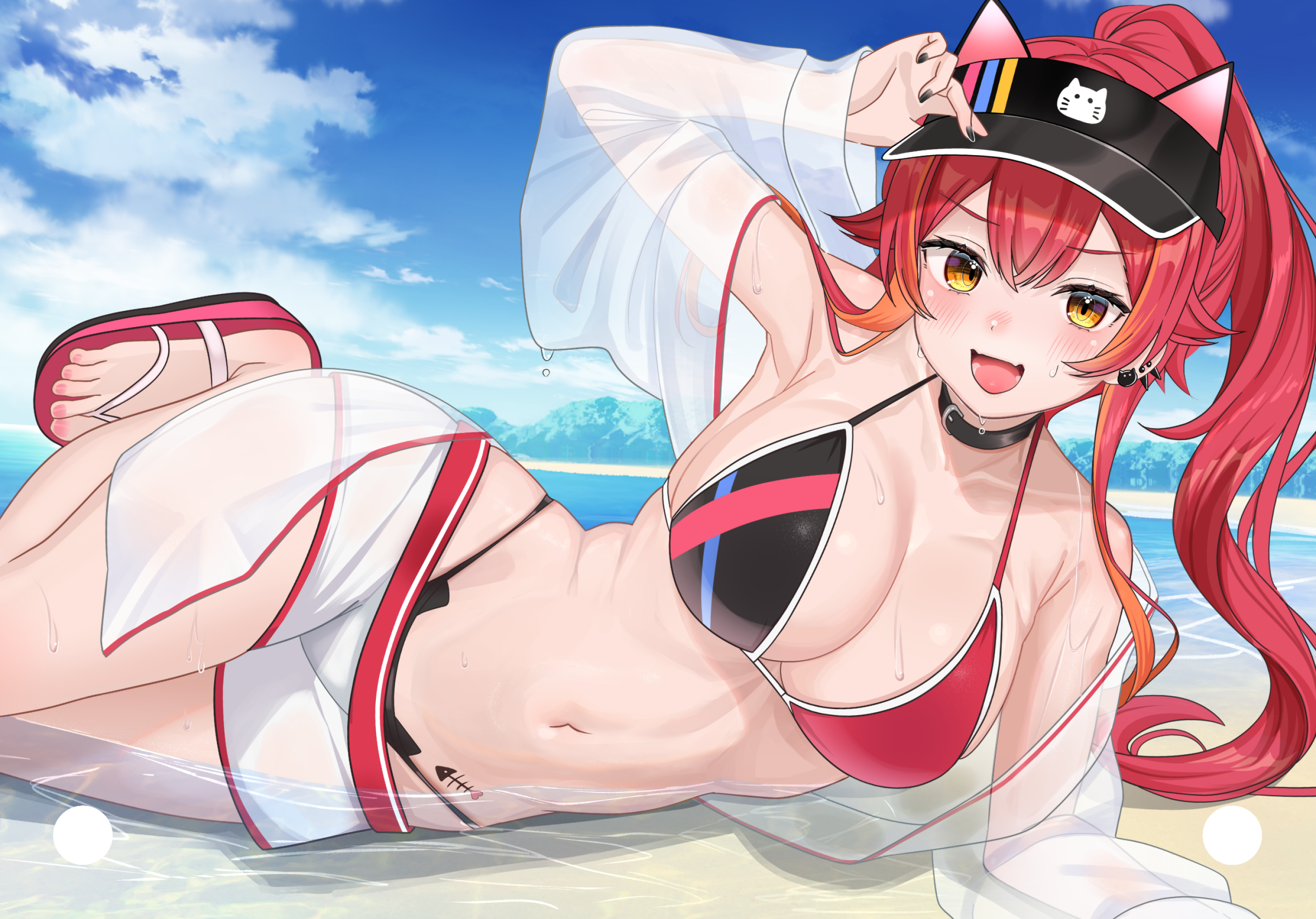 1girl bikini black_bikini black_nails blush breasts cat_ear_bikini collar commentary_request feet fish_skeleton_print foot_out_of_frame hair_between_eyes hand_on_headwear hat hat_with_ears highres jacket jewelry large_breasts long_hair looking_at_viewer lying multicolored_bikini multicolored_hair nail_polish navel nekota_tsuna nekota_tsuna_(summer_c102) ocean on_side orange_eyes orange_hair pink_bikini red_hair sandals see-through_clothes see-through_jacket shorts smile solo spiked_ear_piercing streaked_hair swimsuit toenail_polish toenails toes tojo_aoi virtual_youtuber vspo! wet