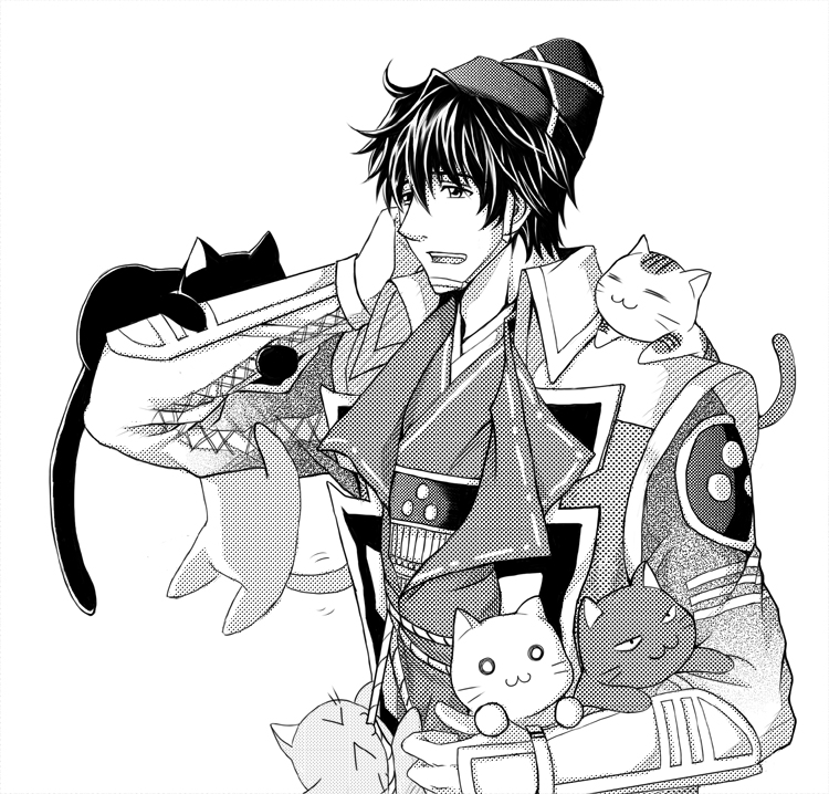 animal animal_on_arm animal_on_shoulder arm_up cat coat hat high_collar holding holding_animal japanese_clothes kimono monochrome mouri_motonari sengoku_musou smile
