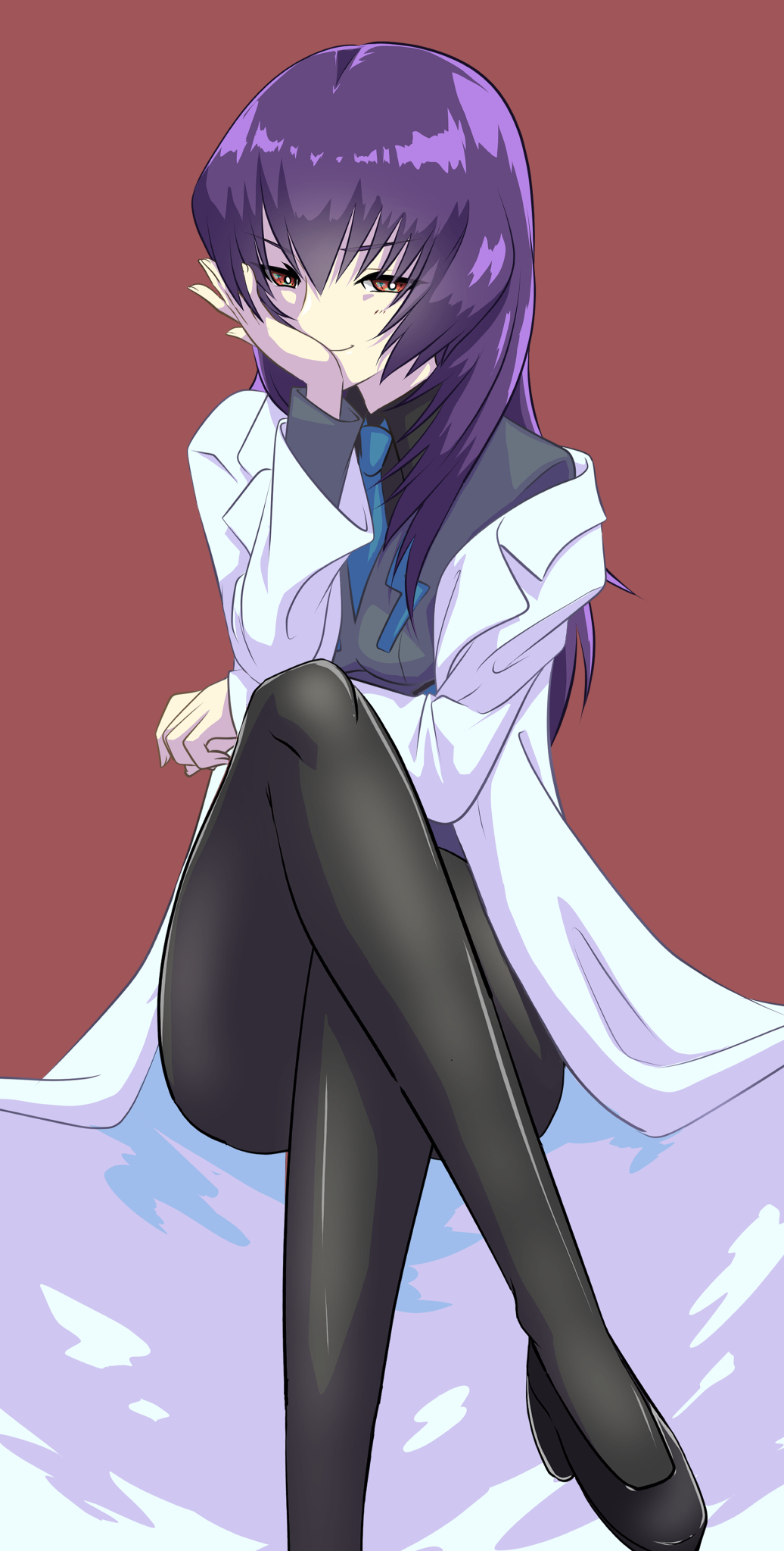 1girl black_footwear black_pantyhose black_shirt blue_necktie brown_background brown_eyes collared_shirt crossed_legs grey_jacket hand_on_own_face highres jacket kamon_rider kouzuki_yuuko lab_coat medium_hair military military_uniform muv-luv muv-luv_alternative necktie pantyhose purple_hair shirt smile solo