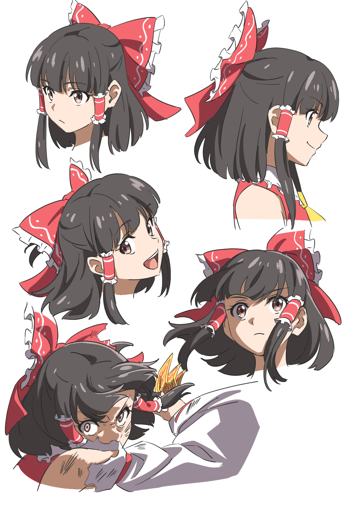 1girl bare_shoulders black_hair bow brown_eyes closed_mouth detached_sleeves expressionless from_side gyouza_(mhea5724) hair_tubes hakurei_reimu highres holding_ofuda looking_at_viewer medium_hair multiple_expressions open_mouth portrait red_bow red_shirt serious shirt smile teeth touhou upper_body upper_teeth_only variations white_background