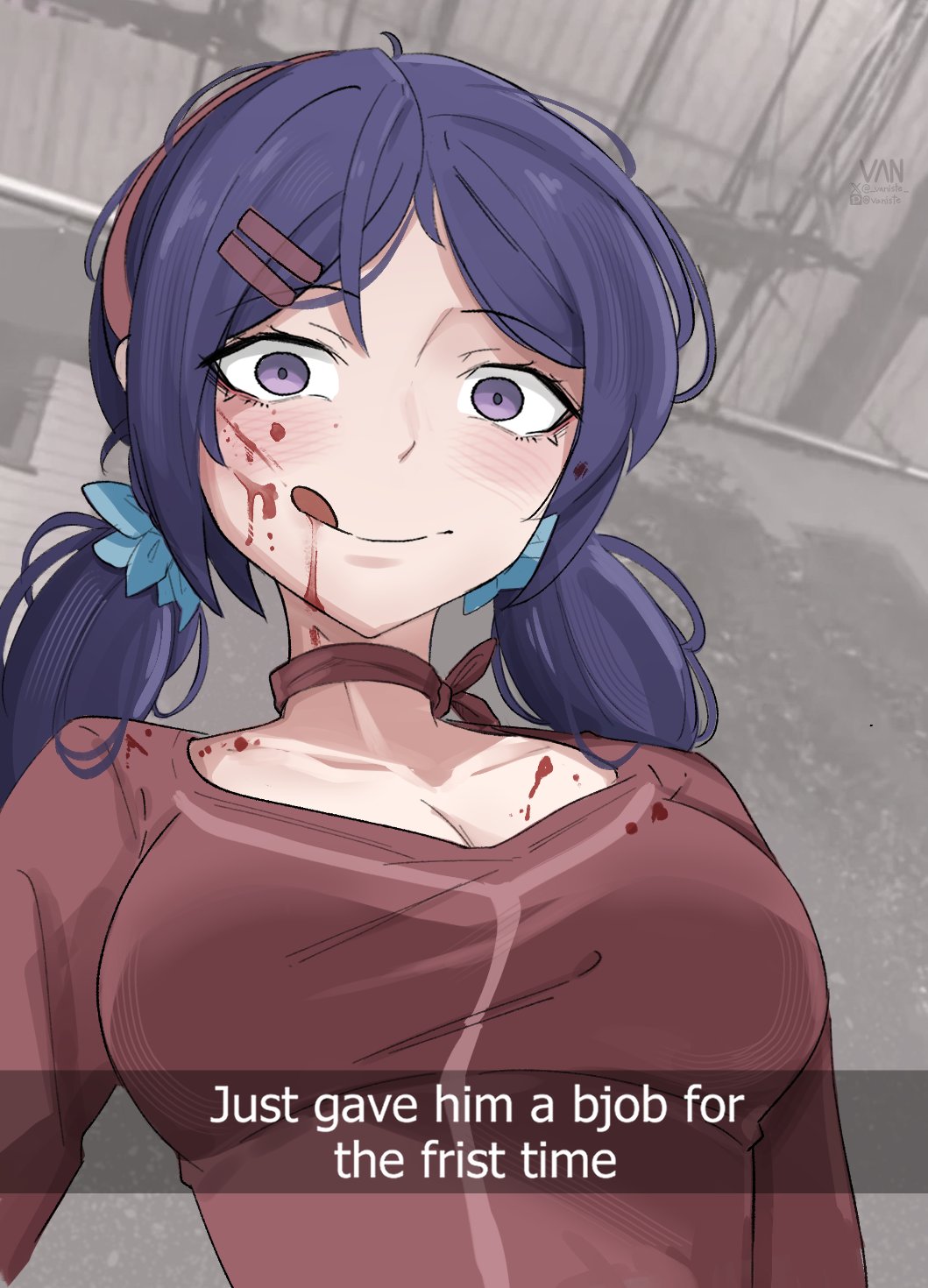 1girl blood blood_on_breasts blood_on_clothes blood_on_face blue_hair breasts brown_choker brown_hairband choker cleavage commentary crazy_eyes crazy_mita_(miside) crazy_smile english_commentary english_text from_below hair_ornament hairband hairclip highres implied_cannibalism low_twintails medium_breasts miside mita_(miside) purple_eyes selfie signature smile snapchat solo tongue tongue_out twintails upper_body vaniste