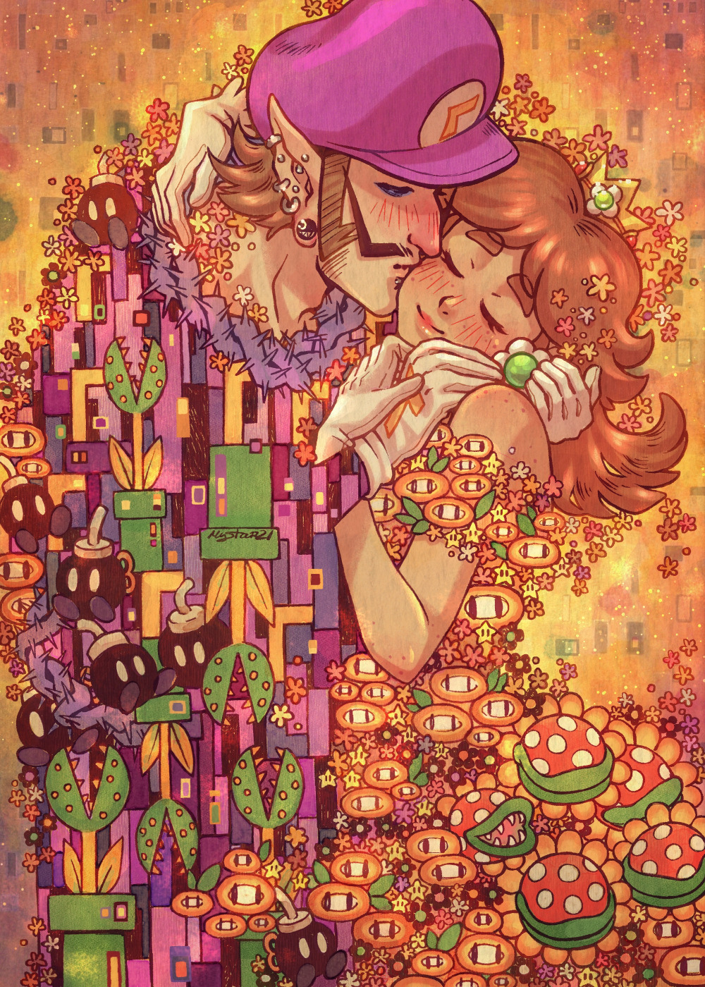 1boy 1girl blush bob-omb brown_hair closed_eyes crown dress earrings facial_hair fire_flower flower flower_earrings gloves hat hetero highres jewelry kiss mario_(series) mustache mystar21 nintendo orange_dress piranha_plant princess_daisy smile smoking_pipe super_mario_bros._1 super_mario_land super_star_(mario) waluigi