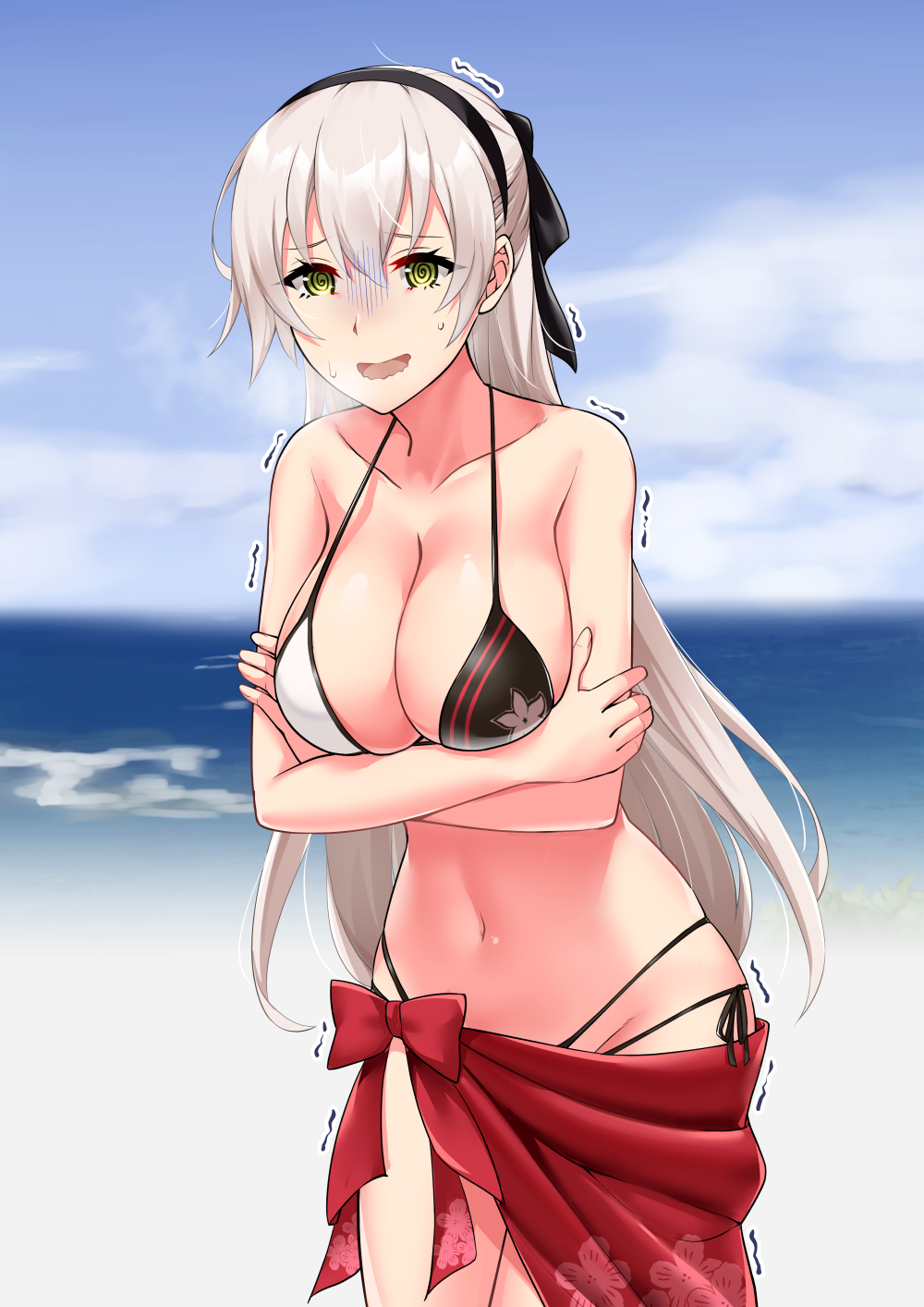 1girl @_@ bikini blue_sky breasts cloud cold crossed_arms double-parted_bangs eiyuu_densetsu elie_macdowell falcom green_eyes hair_between_eyes hajimari_no_kiseki highres large_breasts long_hair mizuno_asami navel ocean open_mouth outdoors sky smile solo swimsuit towel towel_around_waist trembling white_hair