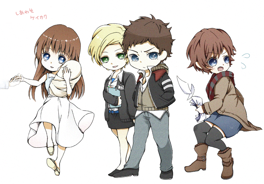 1boy 3girls alex_mercer baby black_legwear blonde_hair blue_eyes brown_hair chibi dana_mercer elizabeth_greene green_eyes karen_parker long_hair mia_(spoon_fork) multiple_girls papers prototype_(game) short_hair