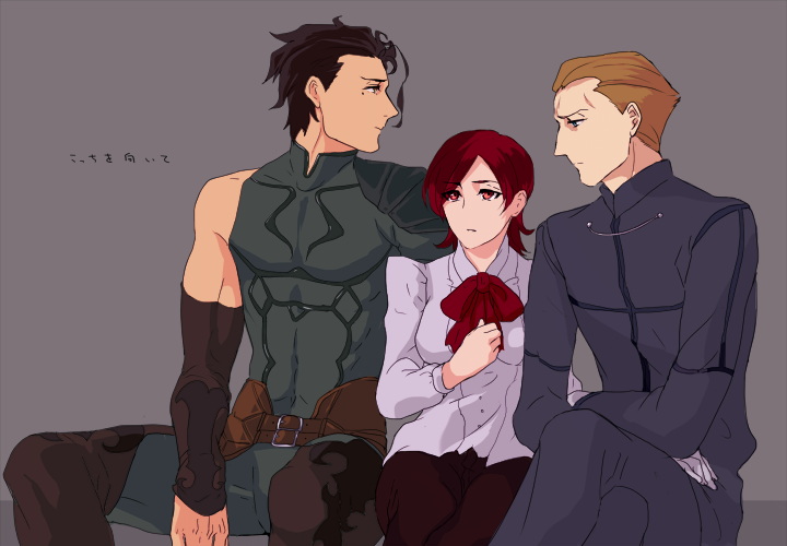 01rosso 1girl 2boys ahoge bad_id bad_pixiv_id black_hair blonde_hair blue_eyes crossed_arms diarmuid_ua_duibhne_(fate) diarmuid_ua_duibhne_(lancer)_(fate) fate/zero fate_(series) gloves kayneth_archibald_el-melloi multiple_boys red_eyes red_hair short_hair sola-ui_nuada-re_sophia-ri white_gloves yellow_eyes