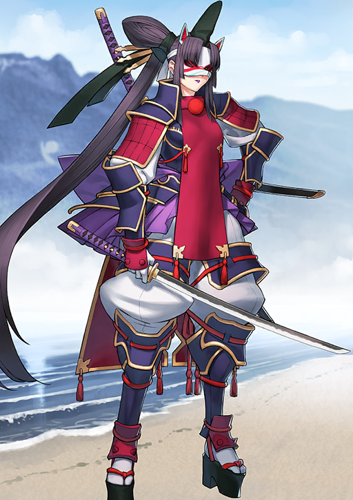 1girl arm_at_side armor azamaru_(fate) back_bow beach black_hat black_ribbon bow breast_curtain breasts covered_eyes curtained_hair eye_mask fate/grand_order fate_(series) fox_mask full_body game_cg gloves hair_bun hair_ribbon hand_on_own_hip hat high_side_ponytail holding holding_sword holding_weapon japanese_armor japanese_clothes katana kote kusazuri long_hair mask medium_breasts official_art okobo pants platform_sandals pom_pom_(clothes) puffy_pants puffy_sleeves purple_armor purple_hair purple_lips ribbon sakamoto_mineji sandals sheath sheathed shoulder_armor sidelocks single_side_bun socks sode solo standing suneate sword tabi taira_no_kagekiyo_(fate) taira_no_kagekiyo_(first_ascension)_(fate) tassel tate_eboshi third-party_source unsheathed ushiwakamaru_(fate) variant_set very_long_hair weapon white_gloves white_pants white_socks