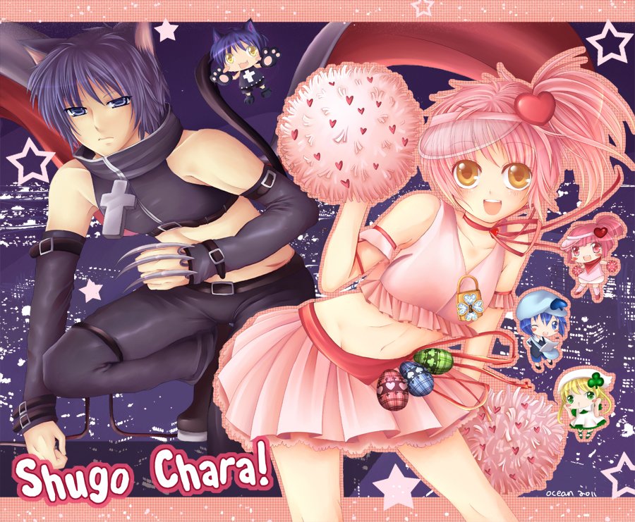 2000s_(style) 2boys 4girls amulet_heart animal_ears arm_warmers black_hair black_jacket black_lynx black_pants blue_eyes cat_boy cat_ears cat_tail commentary copyright_name crop_top english_commentary flat_chest guardian_chara hair_ornament heart heart&#039;s_egg_(shugo_chara!) heart_hair_ornament hinamori_amu humpty_lock_(shugo_chara!) jacket looking_at_viewer magical_boy magical_girl medium_hair midriff miki_(shugo_chara!) mini_person miniboy minigirl multiple_boys multiple_girls navel oceaninspace pants pink_hair pink_ribbon pink_skirt pink_tank_top pom_pom_(cheerleading) ran_(shugo_chara!) ribbon short_hair shugo_chara! side_ponytail skirt sleeveless sleeveless_jacket suu_(shugo_chara!) tail tank_top tsukiyomi_ikuto visor_cap yellow_eyes yoru_(shugo_chara!)