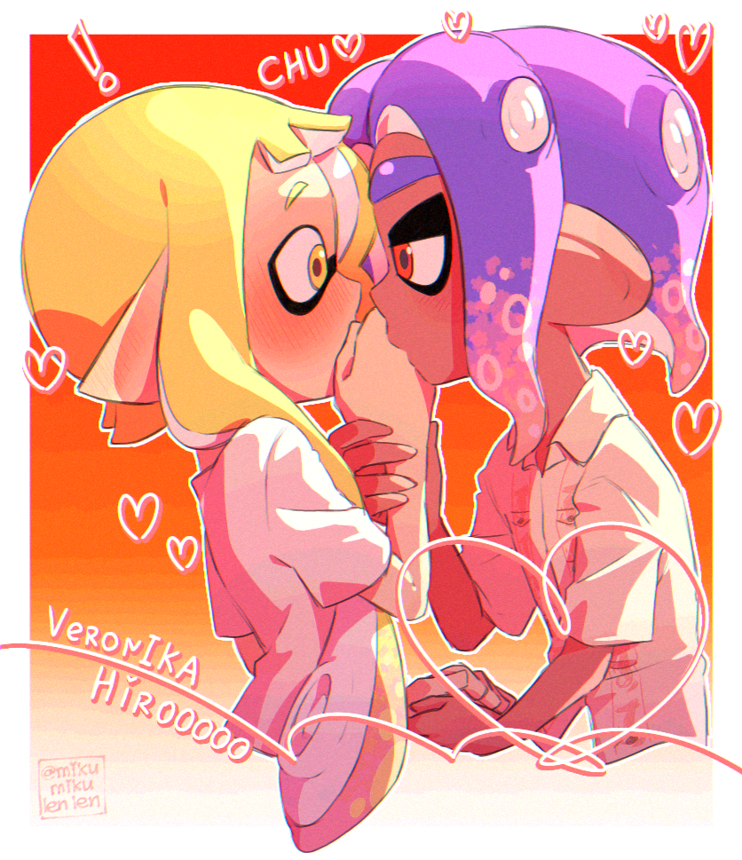 ! 1boy 1girl ariamikukanzaki blonde_hair blue_hair blush character_name commentary_request dark-skinned_male dark_skin heart heart_of_string hetero hirooooo_(splatoon) holding_hands inkling kiss kissing_hand nintendo pointy_ears red_eyes signature splatoon_(series) splatoon_3 tentacle_hair veronika_(splatoon) yellow_eyes