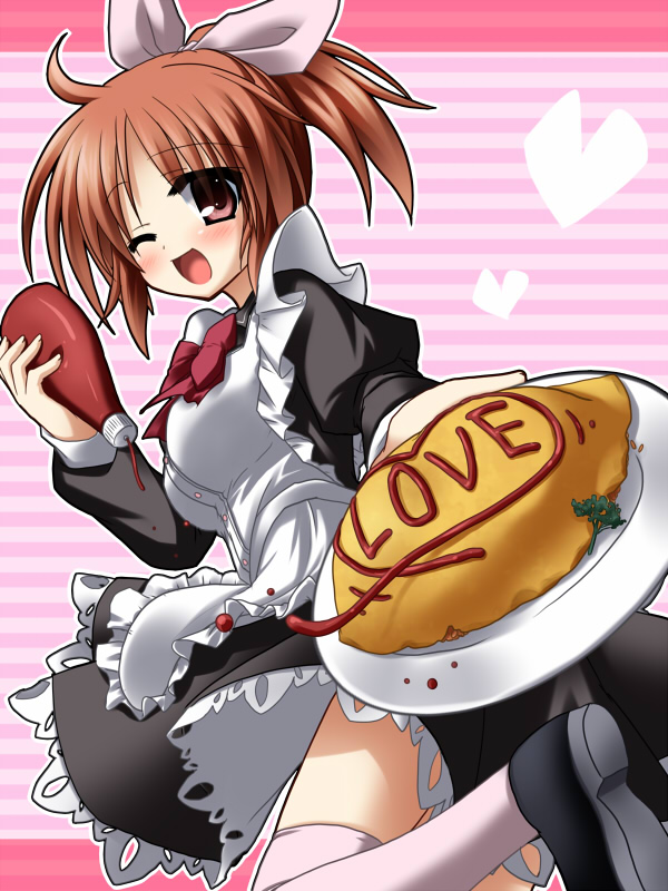 1girl abe_nana apron blush bow bowtie brown_eyes brown_hair food hair_bow heart holding holding_plate idolmaster idolmaster_cinderella_girls juliet_sleeves ketchup ketchup_bottle long_sleeves maid omelet omurice one_eye_closed open_mouth plate ponytail puffy_sleeves rionoil smile solo striped_background thighhighs