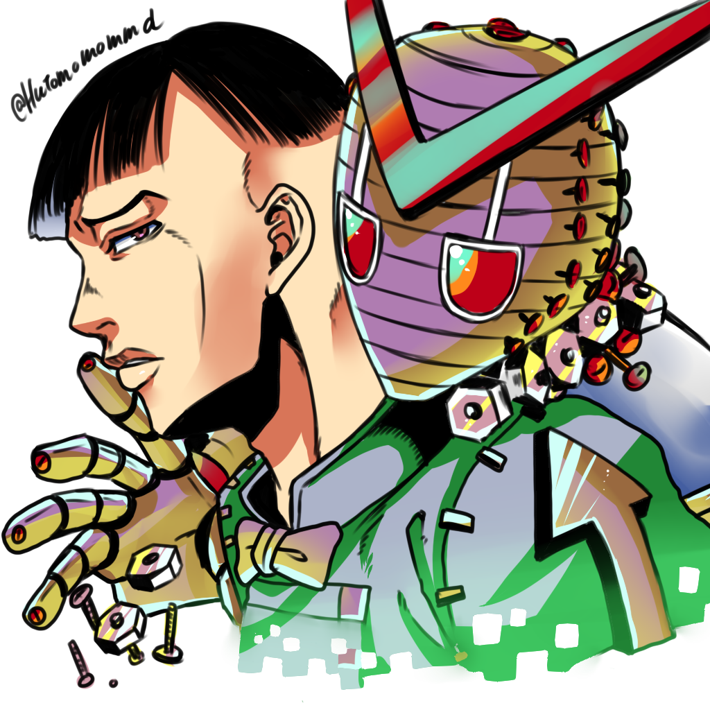1boy arrow_(symbol) black_hair bow bowtie higashikata_joshu hutomomo_syobou jojo_no_kimyou_na_bouken jojolion male_focus nut_(hardware) nut_king_call profile purple_eyes screw stand_(jojo) twitter_username