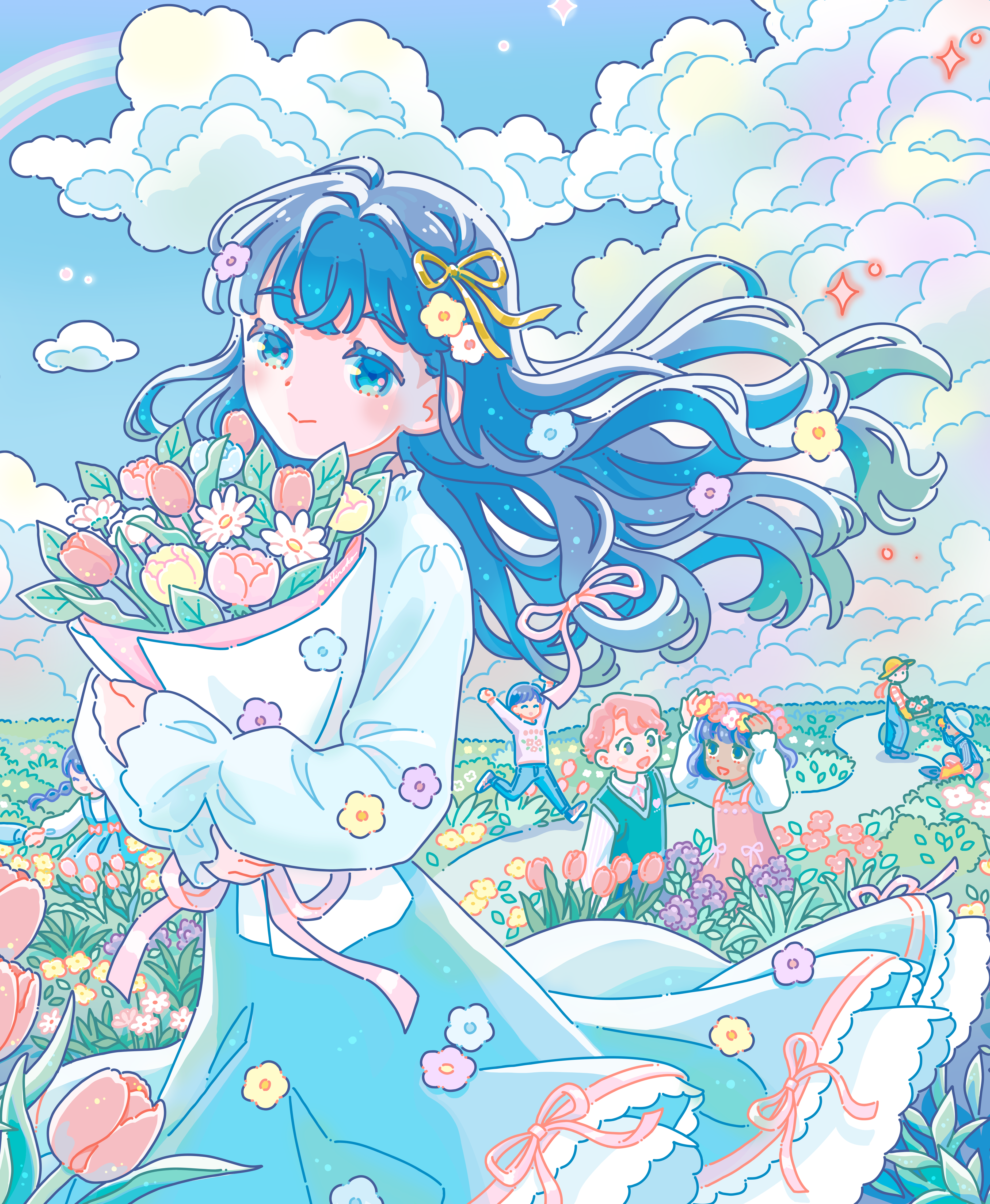 2boys 2girls 2others absurdres aqua_skirt blue_eyes blue_hair blue_sky blush bouquet closed_mouth cloud dark-skinned_female dark_skin day eyelashes field floating_hair flower flower_field flower_wreath full_body hair_flower hair_ornament head_wreath highres hiro046k holding holding_bouquet leaf long_hair long_skirt long_sleeves looking_at_viewer multiple_boys multiple_girls multiple_others original outdoors peony_(flower) pink_flower rainbow red_flower red_tulip shirt skirt sky smile solo tulip white_flower white_shirt yellow_flower