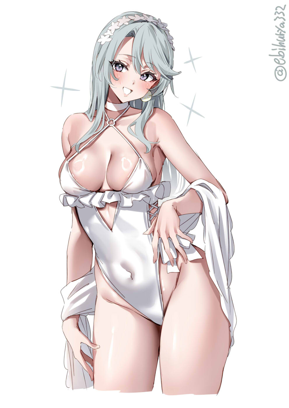 1girl artist_name blush breasts choker collarbone commentary_request contrapposto covered_navel cowboy_shot cropped_legs earrings ebifurya frilled_one-piece_swimsuit frills grey_hair groin highleg highleg_one-piece_swimsuit highres jewelry kantai_collection long_hair looking_at_viewer medium_breasts o-ring o-ring_swimsuit one-hour_drawing_challenge one-piece_swimsuit parted_bangs purple_eyes sagiri_(kancolle) sagiri_(swimsuit)_(kancolle) sidelocks simple_background smile solo swept_bangs swimsuit thighs twitter_username white_background white_choker white_one-piece_swimsuit