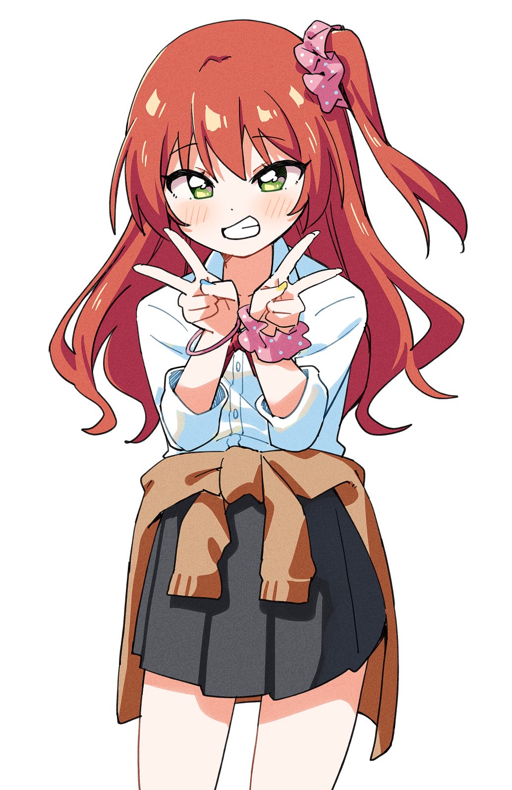 1girl armband black_skirt blue_nails blush bocchi_the_rock! clothes_around_waist hairband haru_(konomi_150) highres kita_ikuyo long_hair looking_at_viewer red_hair school_uniform shirt shuka_high_school_uniform side_ponytail simple_background skirt smile sweater sweater_around_waist teeth v white_background white_shirt yellow_eyes yellow_nails