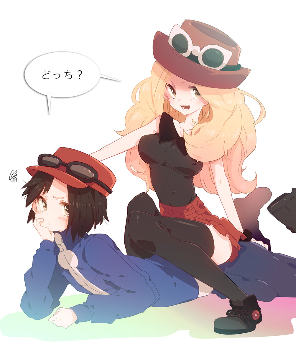 1boy 1girl blonde_hair blue_jacket blush brown_hair brown_thighhighs calem_(pokemon) closed_mouth collared_shirt commentary_request eyewear_on_headwear hat head_rest jacket long_hair lower_teeth_only nakamura_sandayo nintendo open_mouth pants pleated_skirt pokemon pokemon_xy red_headwear red_skirt serena_(pokemon) shared_speech_bubble shirt shoes short_hair sitting sitting_on_person skirt sleeveless sleeveless_shirt speech_bubble squiggle sunglasses teeth thighhighs tongue white-framed_eyewear zettai_ryouiki