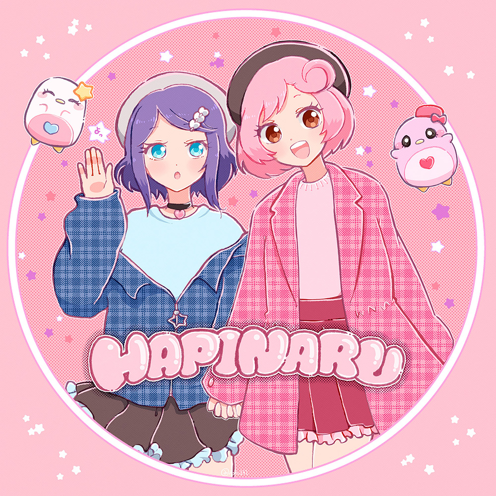 2girls :d alternate_costume ayase_naru bad_id bad_twitter_id beret black_hat black_skirt blue_eyes blue_hair blue_jacket blue_shirt border brown_eyes casual catchphrase commentary_request cowboy_shot cropped_legs hand_up hat inactive_account jacket long_sleeves looking_at_viewer lovelyn multiple_girls open_mouth pink_background pink_hair pink_jacket plaid_clothes plaid_jacket pleated_skirt pretty_rhythm pretty_rhythm_rainbow_live pretty_series red_skirt rinne_(pretty_rhythm) rokurokurokuichi romaji_text round_border shirt short_hair skirt smile standing starn_(pretty_rhythm)