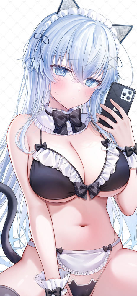 1girl animal_ear_fluff animal_ears apron bikini black_bikini black_bow black_bowtie blue_eyes blue_hair blush bow bowtie breasts cameltoe cat_ear_bikini cat_ears cat_girl cat_tail cellphone cleavage closed_mouth commentary_request detached_collar frilled_bikini frills gyozanuko holding holding_phone long_hair long_sleeves looking_at_phone maid_headdress navel original phone simple_background sitting smartphone solo swimsuit tail very_long_hair waist_apron white_apron white_background wrist_cuffs