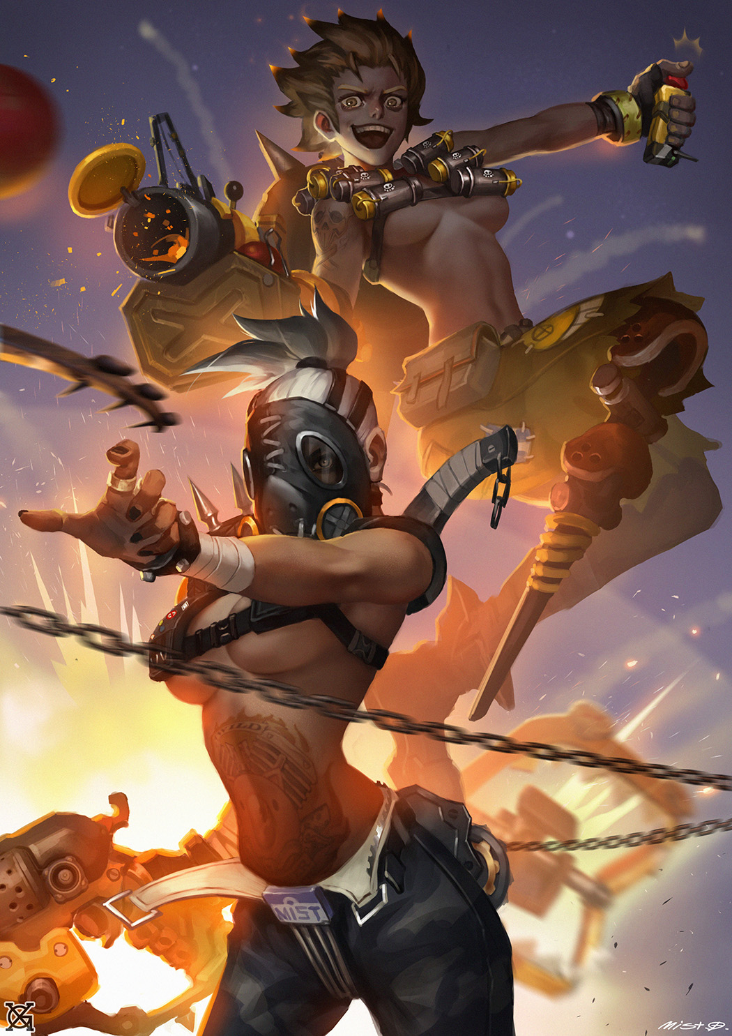 &gt;:d 2girls :d ^^^ aiming amputee arm_at_side arm_tattoo arm_wrap armor bag bandages belt belt_pouch black_gloves black_nails black_pants blonde_hair blurry boots breasts cannon canteen chain claw_pose contrail depth_of_field explosion explosive eyebrows fingerless_gloves fire gas_mask genderswap genderswap_(mtf) gloves gun highres jewelry jumping junkrat_(overwatch) large_breasts leg_wrap long_hair looking_at_viewer mask mechanical_arms mechanical_legs medium_breasts motion_blur multiple_girls nail_polish no_shirt open_mouth orb outstretched_arm overwatch overwatch_1 palms pants pauldrons pig_tattoo ponytail pouch pushing ring roadhog_(overwatch) shards short_hair shorts shoulder_armor signature single_glove single_mechanical_arm single_mechanical_leg skull_and_crossbones sky smile smoke spiked_hair spikes stomach stomach_tattoo tattoo teeth thick_eyebrows unbuckled underboob unused_tire v-shaped_eyebrows weapon weapon_on_back white_hair xiaoguimist yellow_eyes